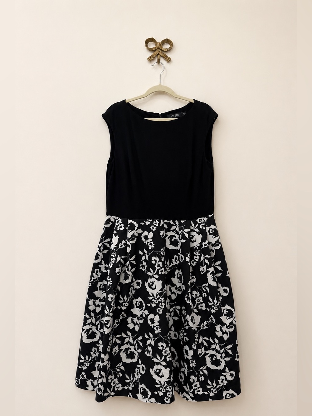 Ralph Lauren Black Bodice with Black-and-White Floral Skirt Dress